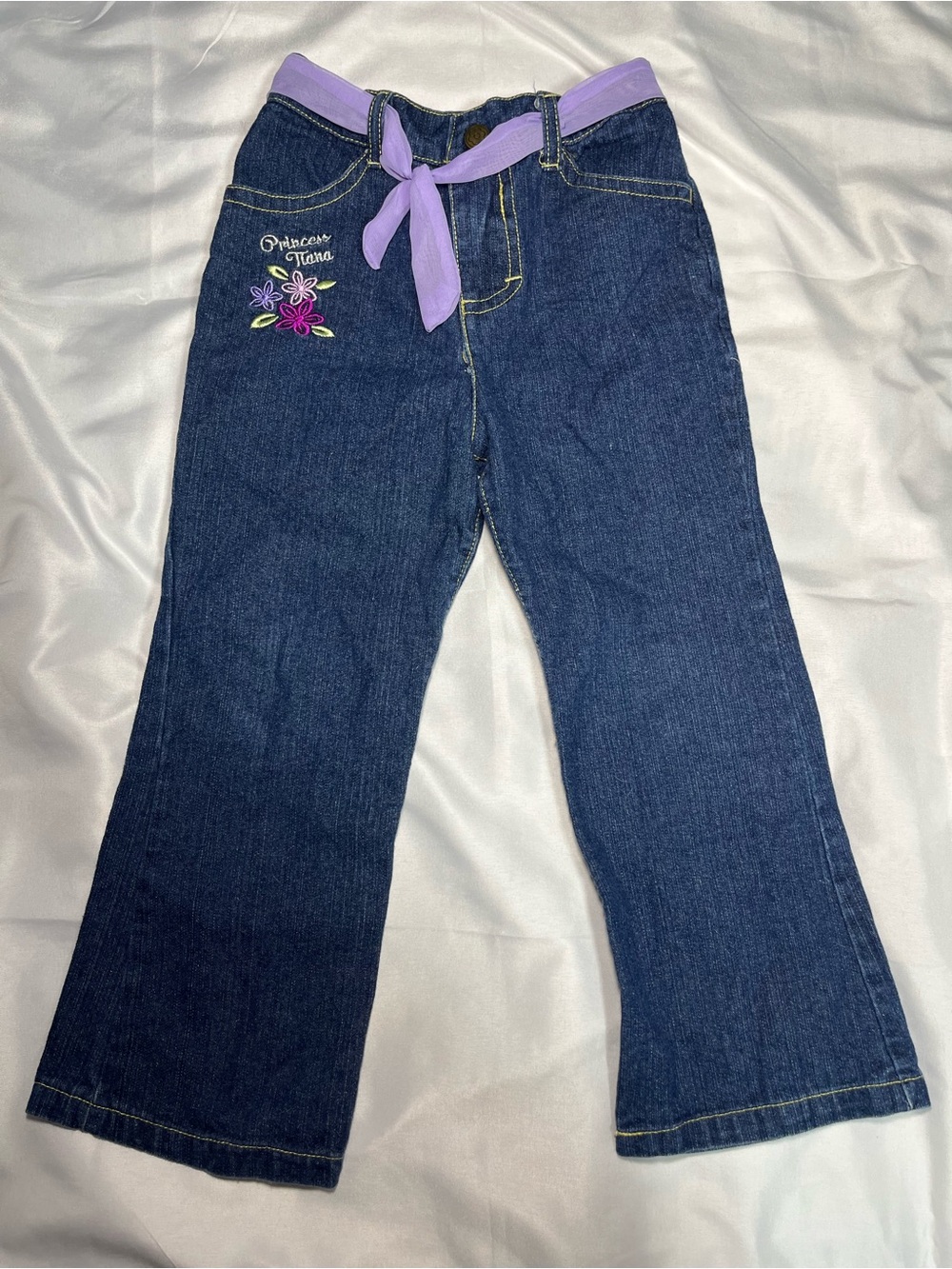 Disney Princess Tiana Jeans Girls Size 4T Bootcut Embroidered Tie Belt Denim